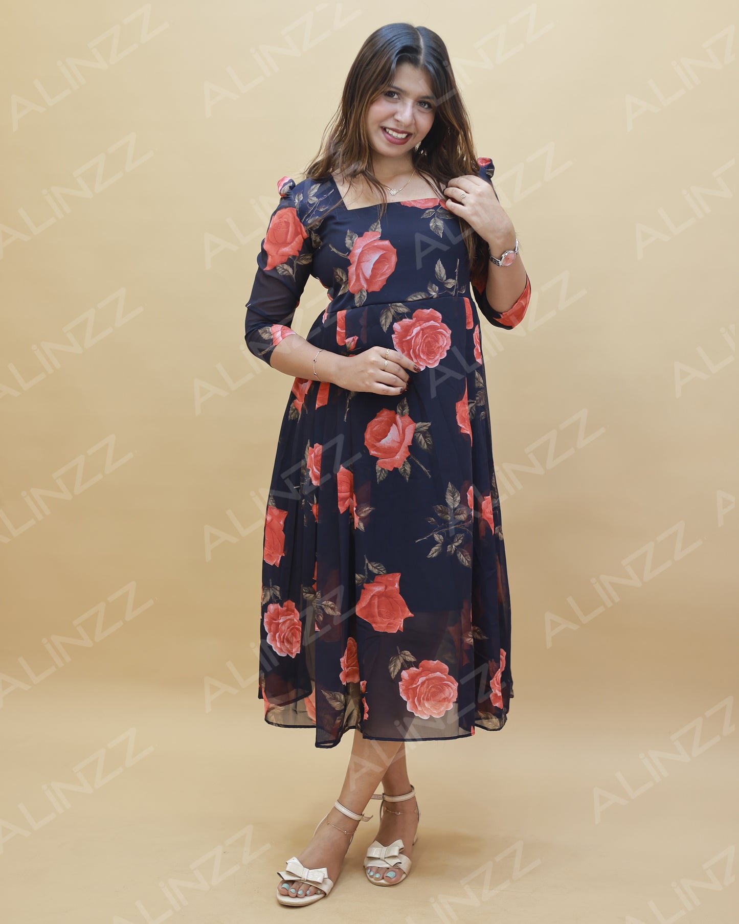 Georgette Floral Design Frock with side Pleat – R585