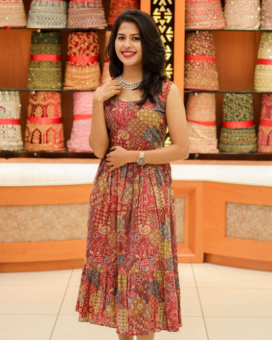 Women's Sleeveless Frock with Kantha Stripes  - 1140