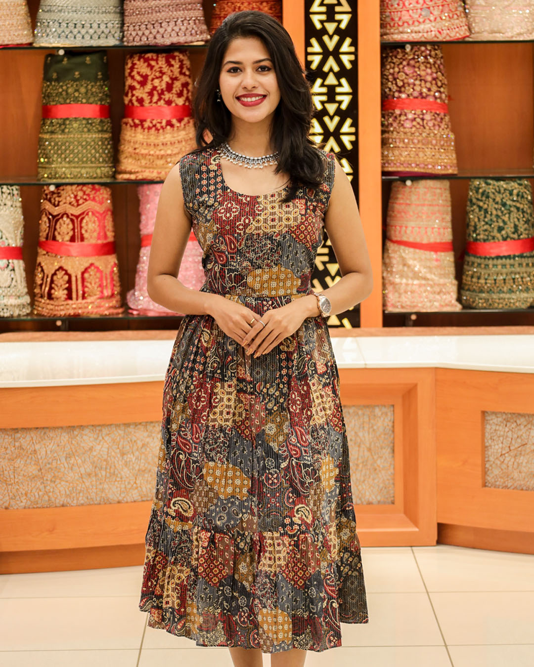 Women's Sleeveless Frock with Kantha Stripes  - 1140