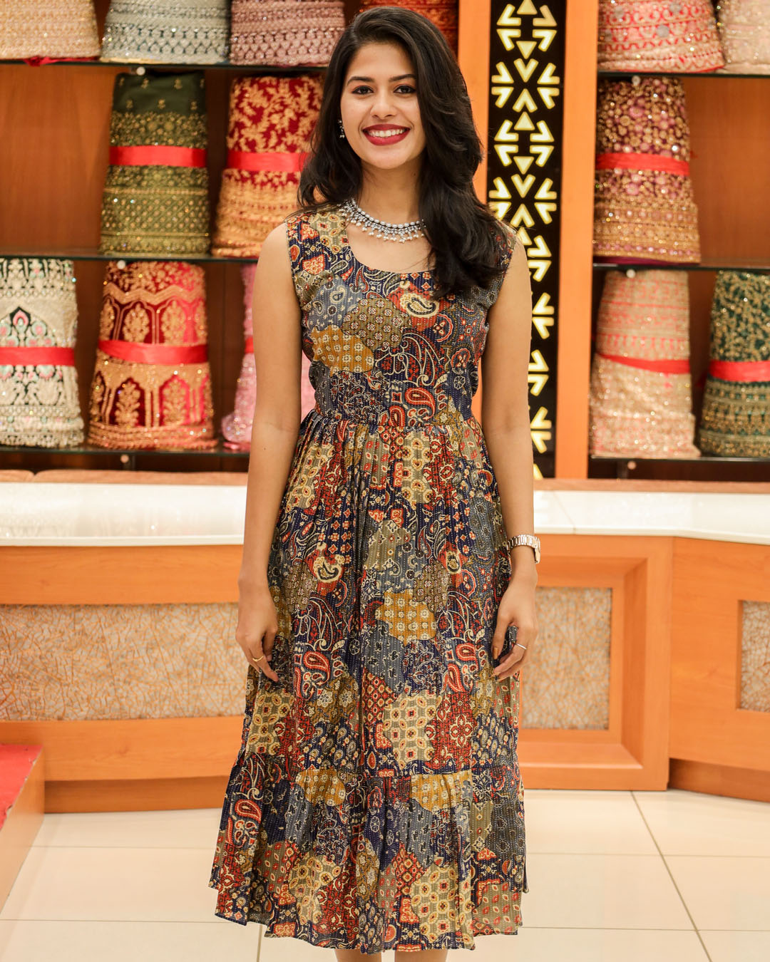 Women's Sleeveless Frock with Kantha Stripes  - 1140