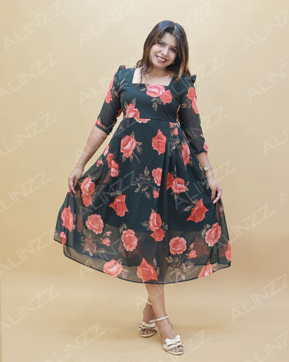 Georgette Floral Design Frock with side Pleat – R585