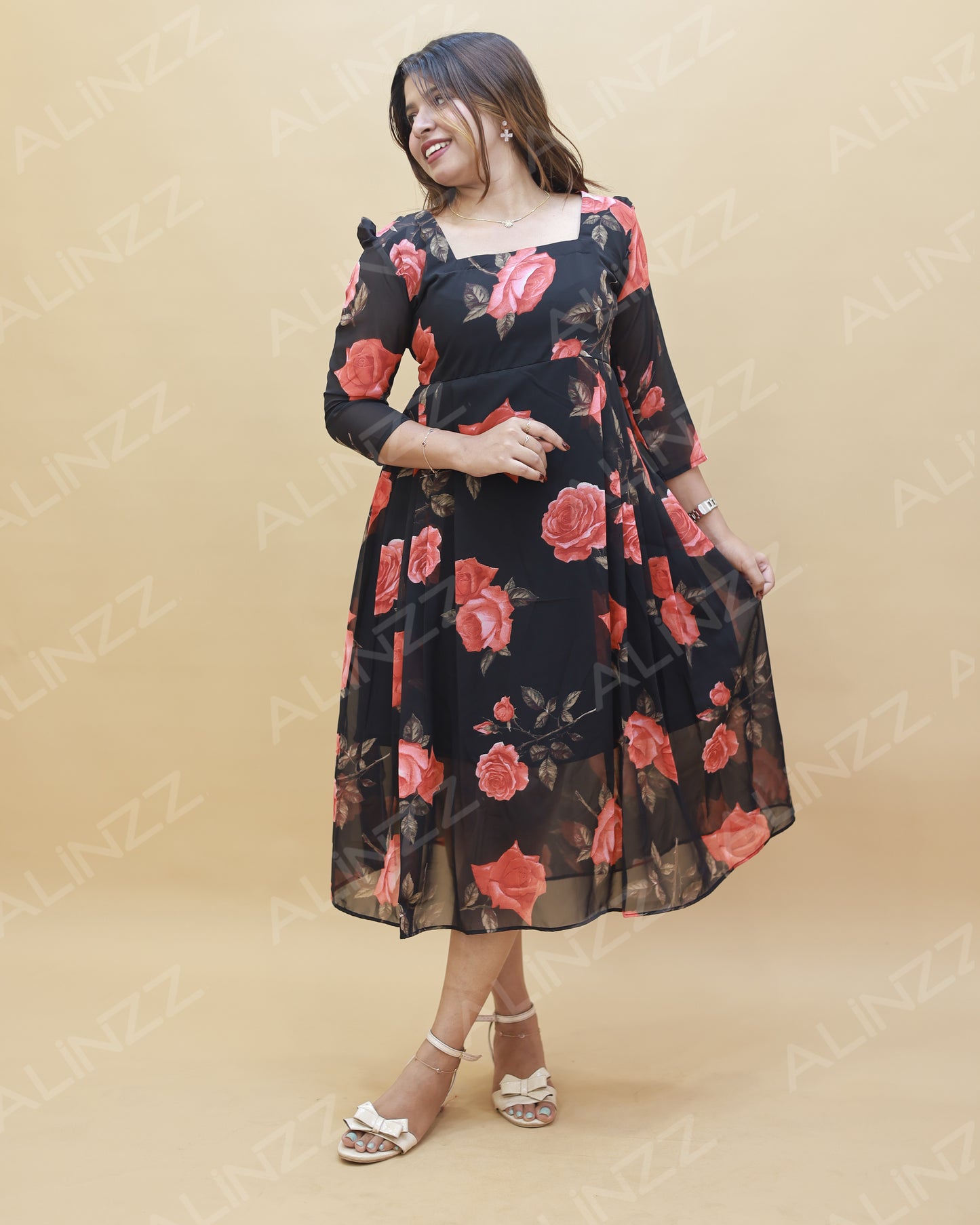 Georgette Floral Design Frock with side Pleat – R585