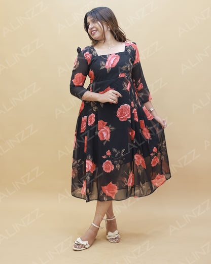 Georgette Floral Design Frock with side Pleat – R585