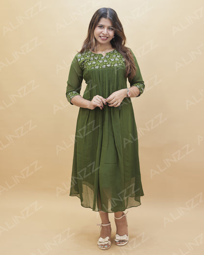 Georgette Velvet Patch Work A-Line Kurti – R569