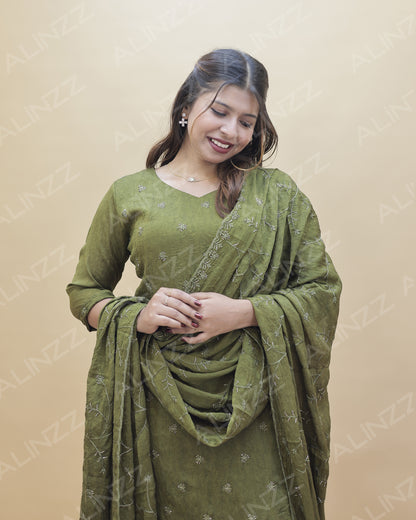 Womens Floral Embroidered Churidar Set – R572