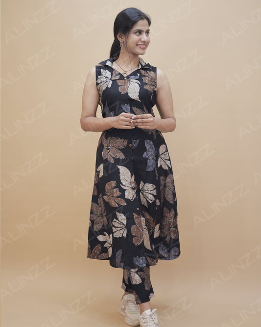 Vertical Fabric Floral Print A-Line Co-ord Set – R502