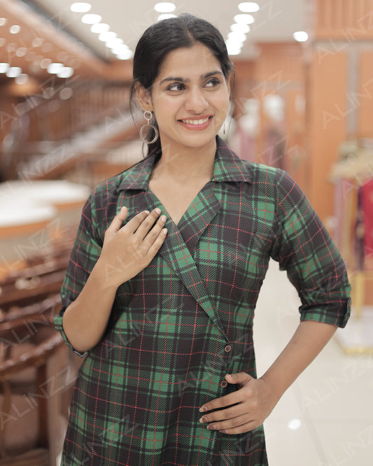 Womens Christmas Check Wrap-Style A-Line Kurti – R489