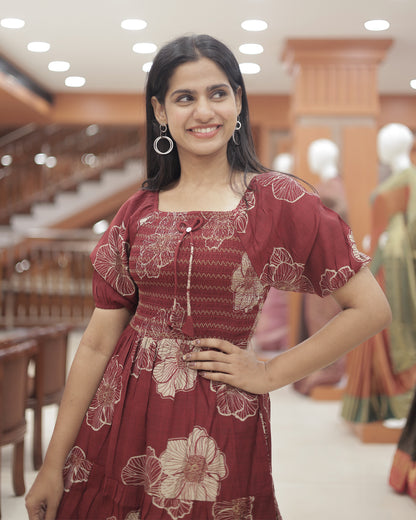 Women's  Floral Smocked Midi Dress- R525