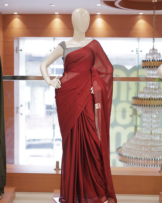 Diwali Special Blackberry Silk Plain Saree with Contrast Embroidery Blouse -D19