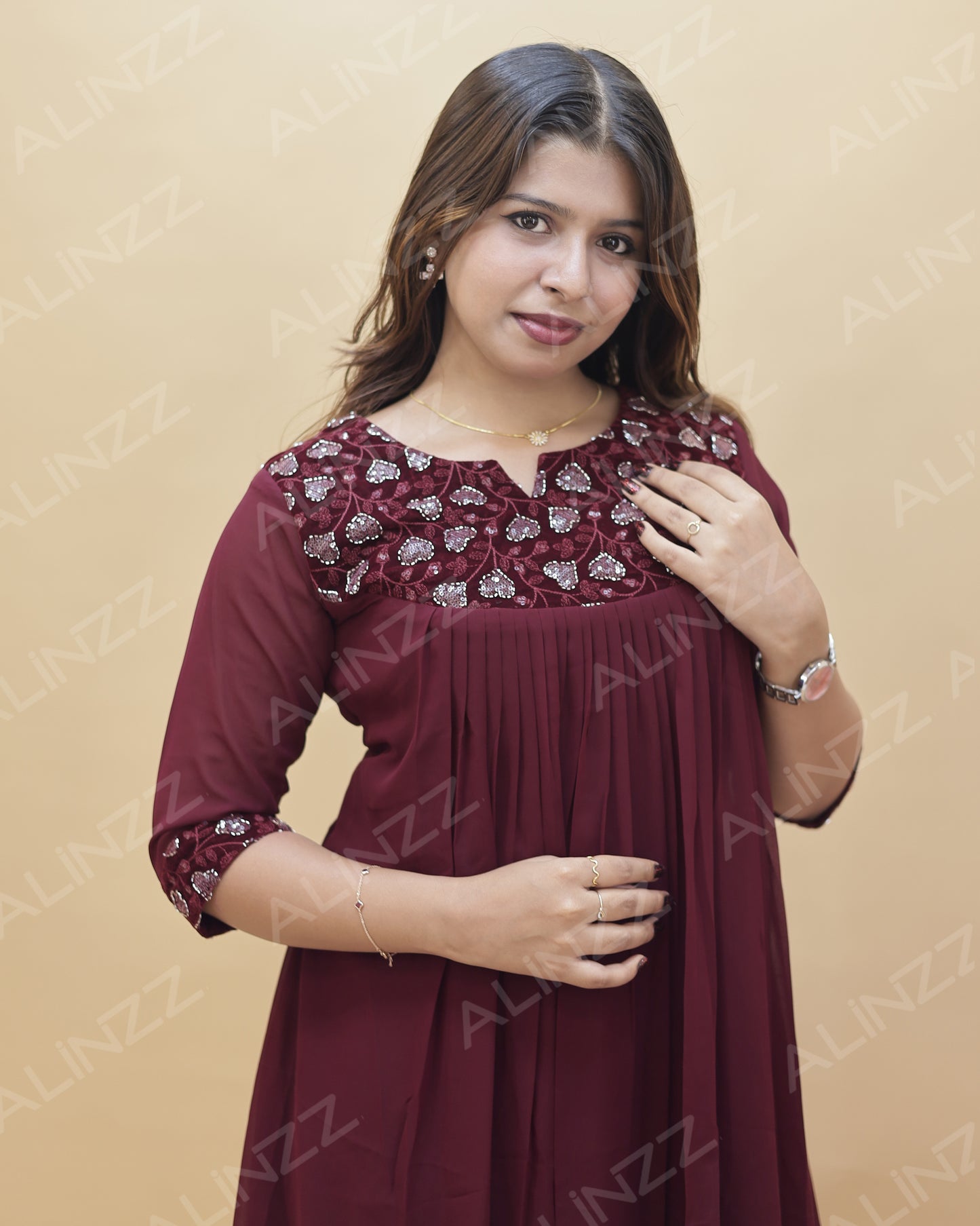 Georgette Velvet Patch Work A-Line Kurti – R569