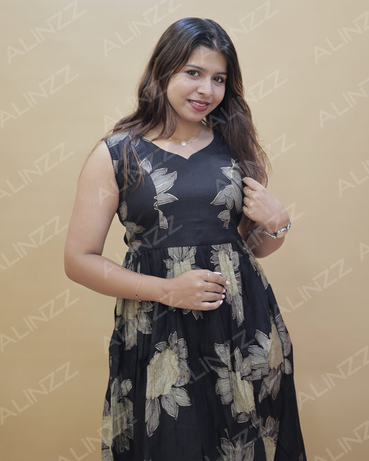 Vertical Fabric Floral Design Princess Cut A-Line Frock – R511