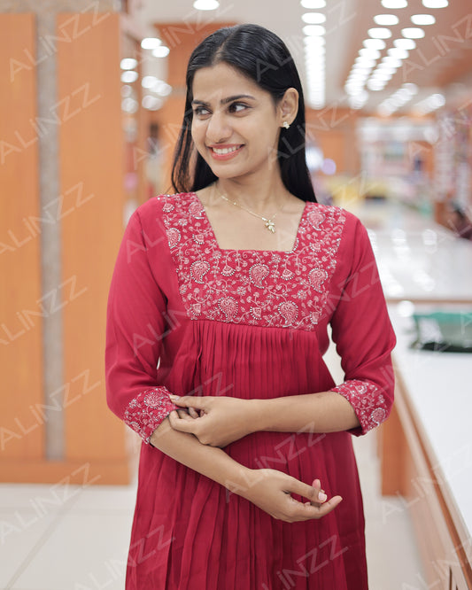 Mul Chanderi Embroidered Yoke A-Line Kurti – R594