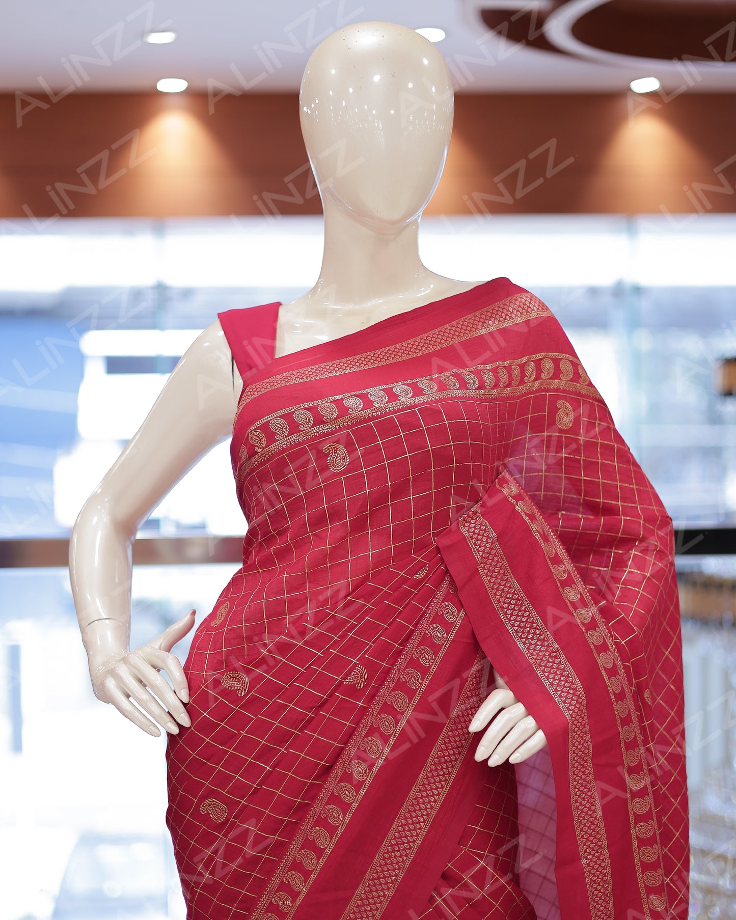 Women's Vichitra Silk Checked Saree with Foil Print Border R587