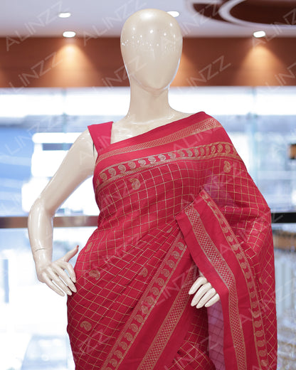 Women's Vichitra Silk Checked Saree with Foil Print Border R587