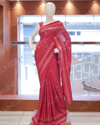 Women's Vichitra Silk Checked Saree with Foil Print Border R587