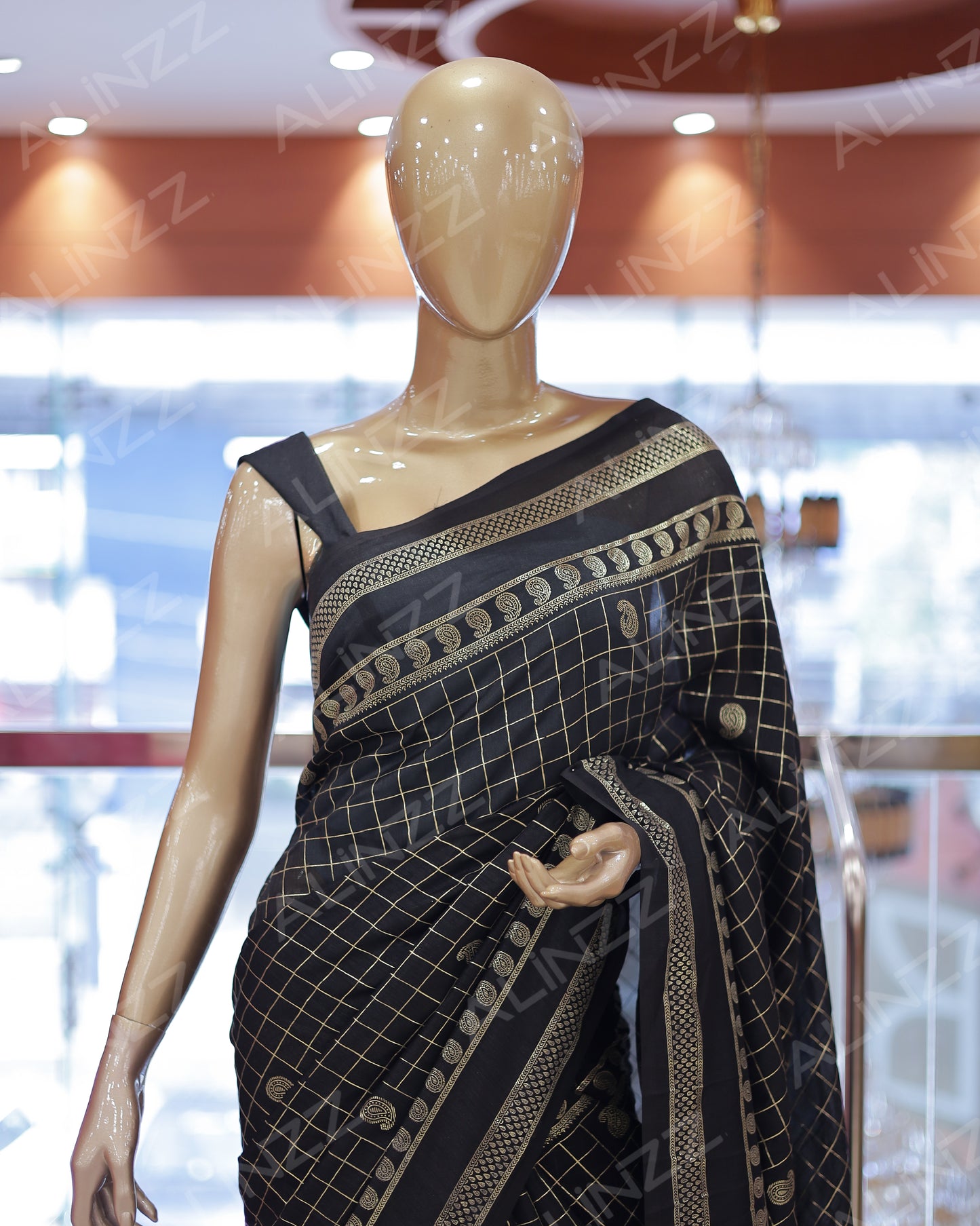 Women's Vichitra Silk Checked Saree with Foil Print Border R587