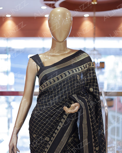 Women's Vichitra Silk Checked Saree with Foil Print Border R587
