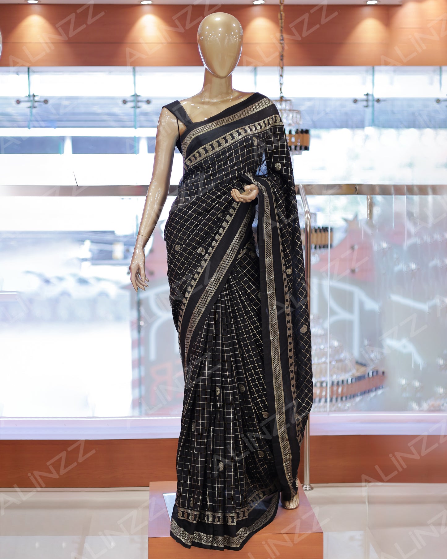 Women's Vichitra Silk Checked Saree with Foil Print Border R587