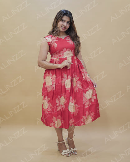 Vertical Fabric Floral Design Princess Cut A-Line Frock – R511