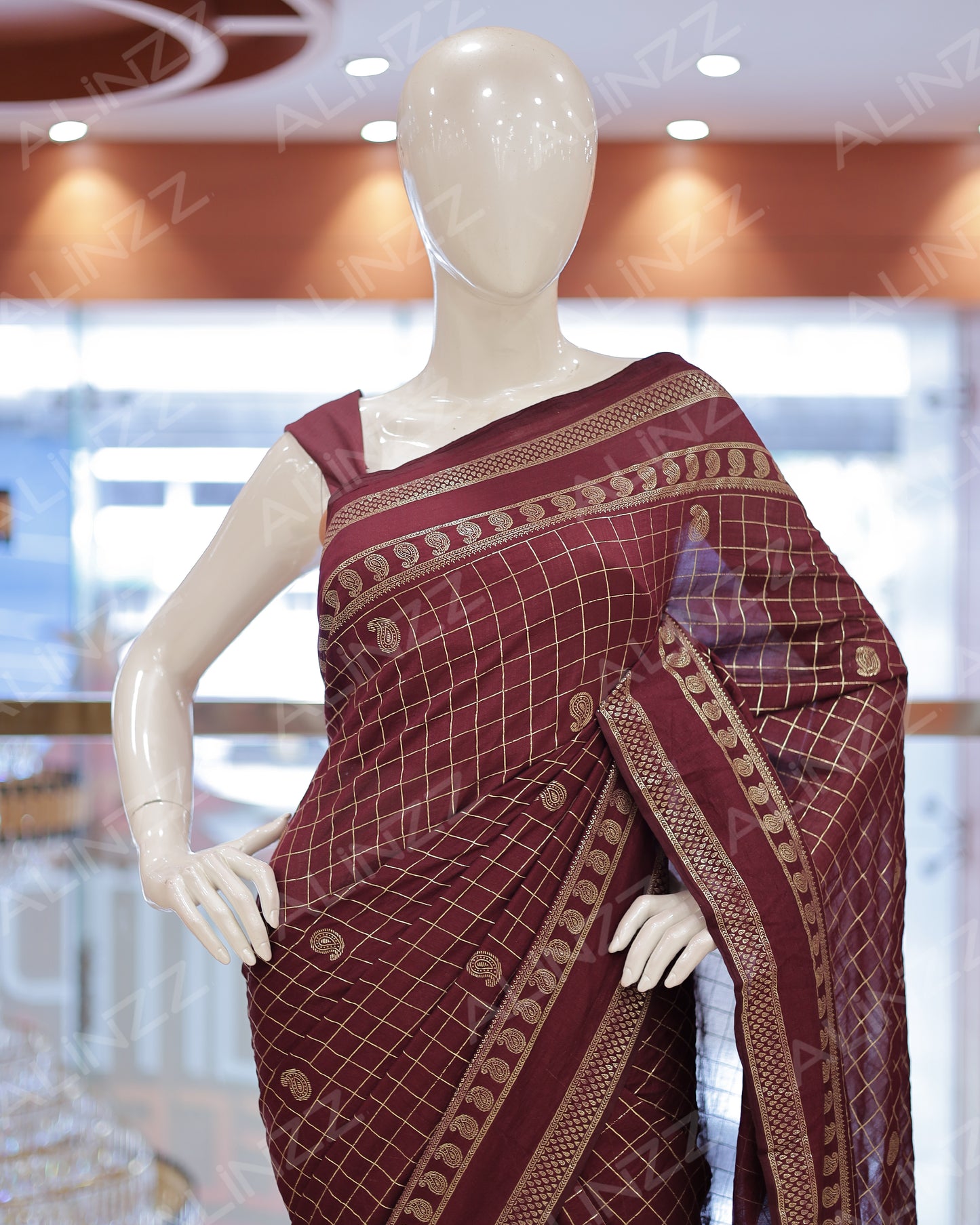 Women's Vichitra Silk Checked Saree with Foil Print Border R587