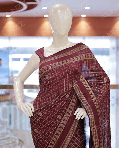 Women's Vichitra Silk Checked Saree with Foil Print Border R587