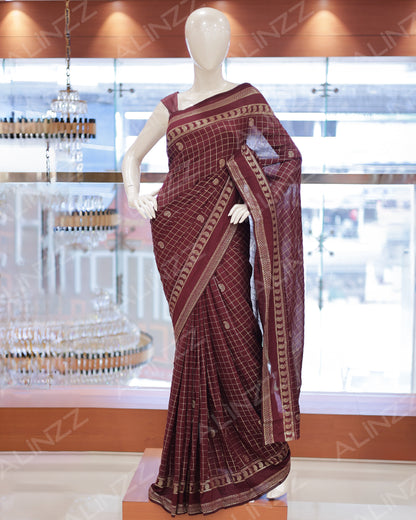 Women's Vichitra Silk Checked Saree with Foil Print Border R587