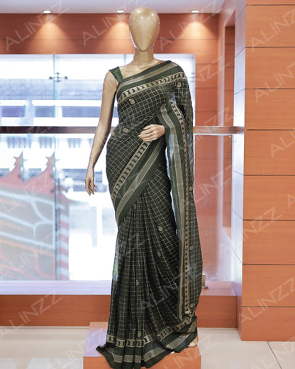 Women's Vichitra Silk Checked Saree with Foil Print Border R587