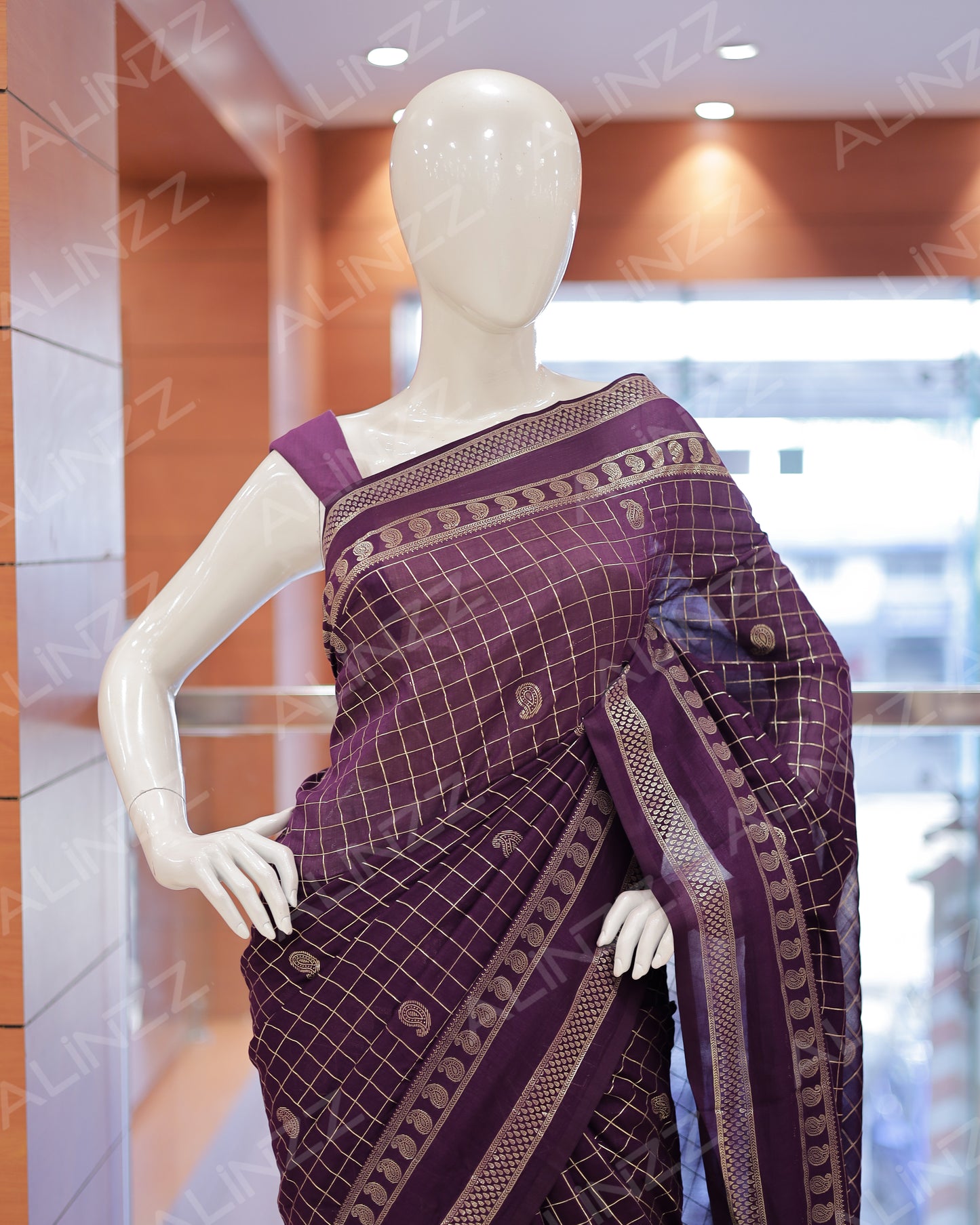 Women's Vichitra Silk Checked Saree with Foil Print Border R587