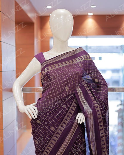 Women's Vichitra Silk Checked Saree with Foil Print Border R587