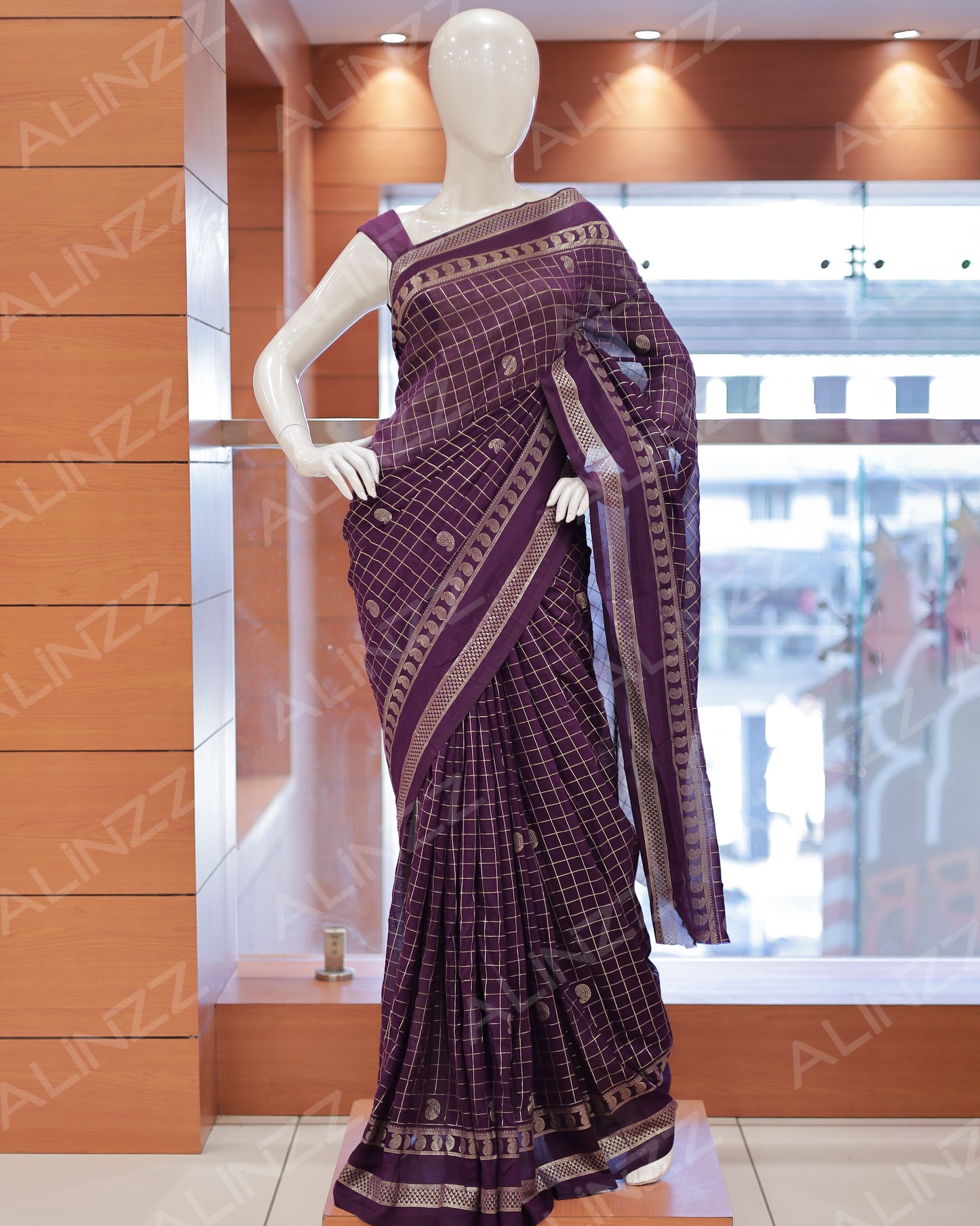 Women's Vichitra Silk Checked Saree with Foil Print Border R587
