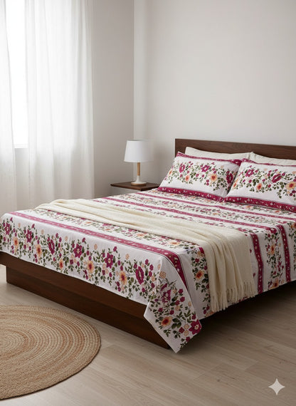 Family Cot Bedsheet  without Pillow Cover-  White Daisy Print