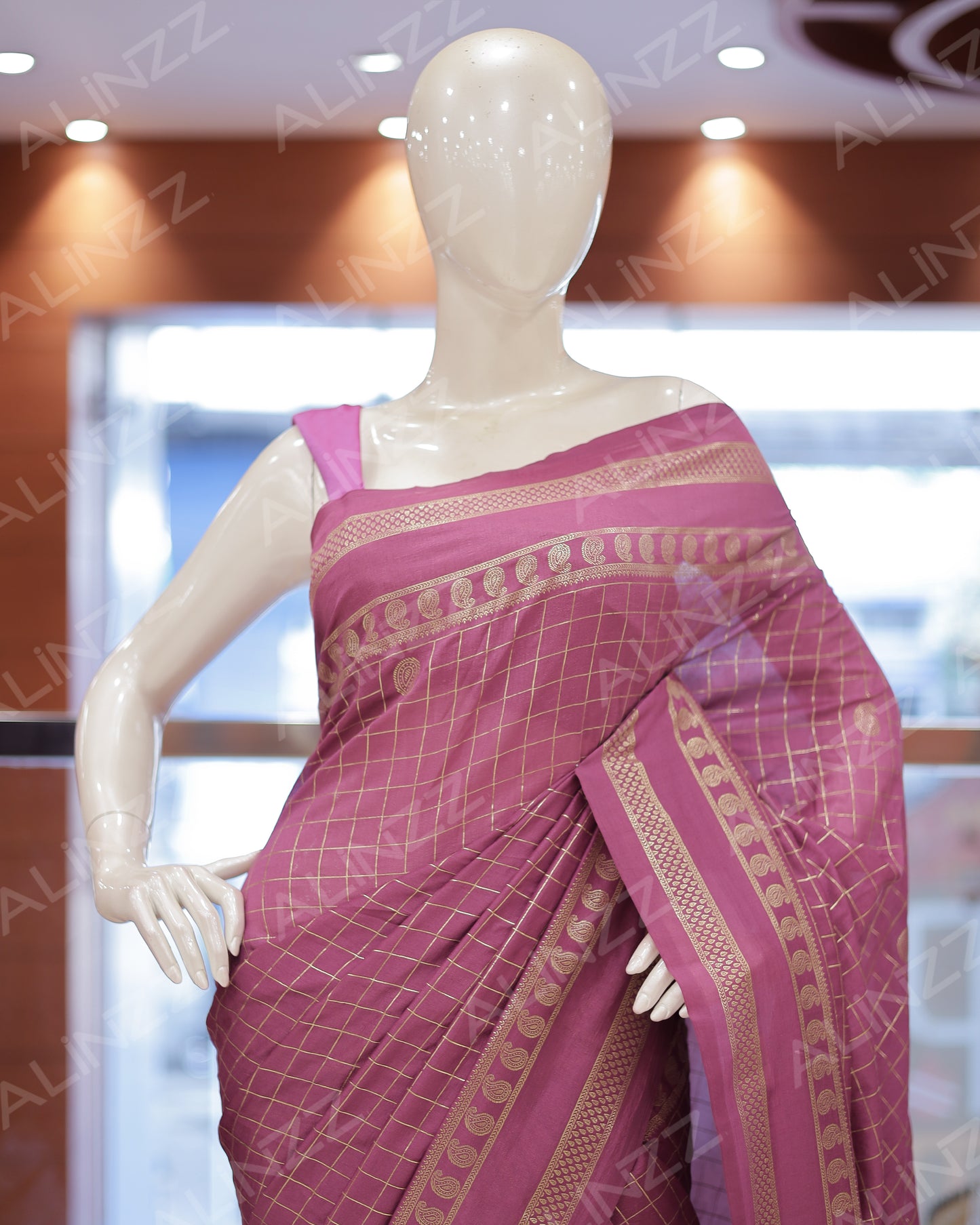Women's Vichitra Silk Checked Saree with Foil Print Border R587