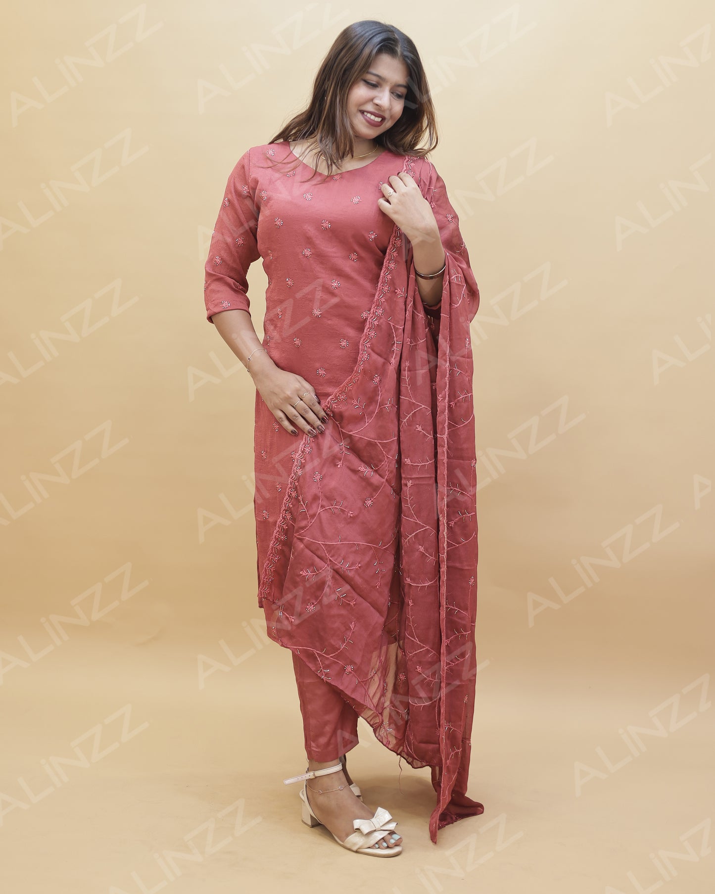 Womens Floral Embroidered Churidar Set – R572