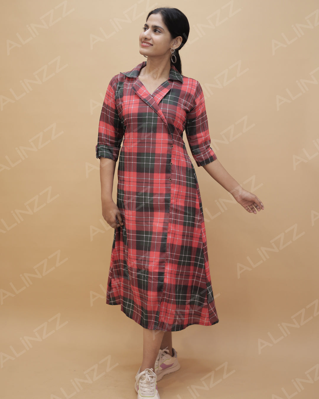 Womens Christmas Check Wrap-Style A-Line Kurti – R489