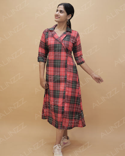 Womens Christmas Check Wrap-Style A-Line Kurti – R489