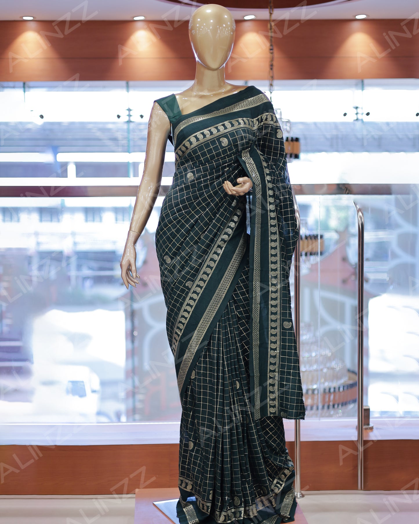 Women's Vichitra Silk Checked Saree with Foil Print Border R587