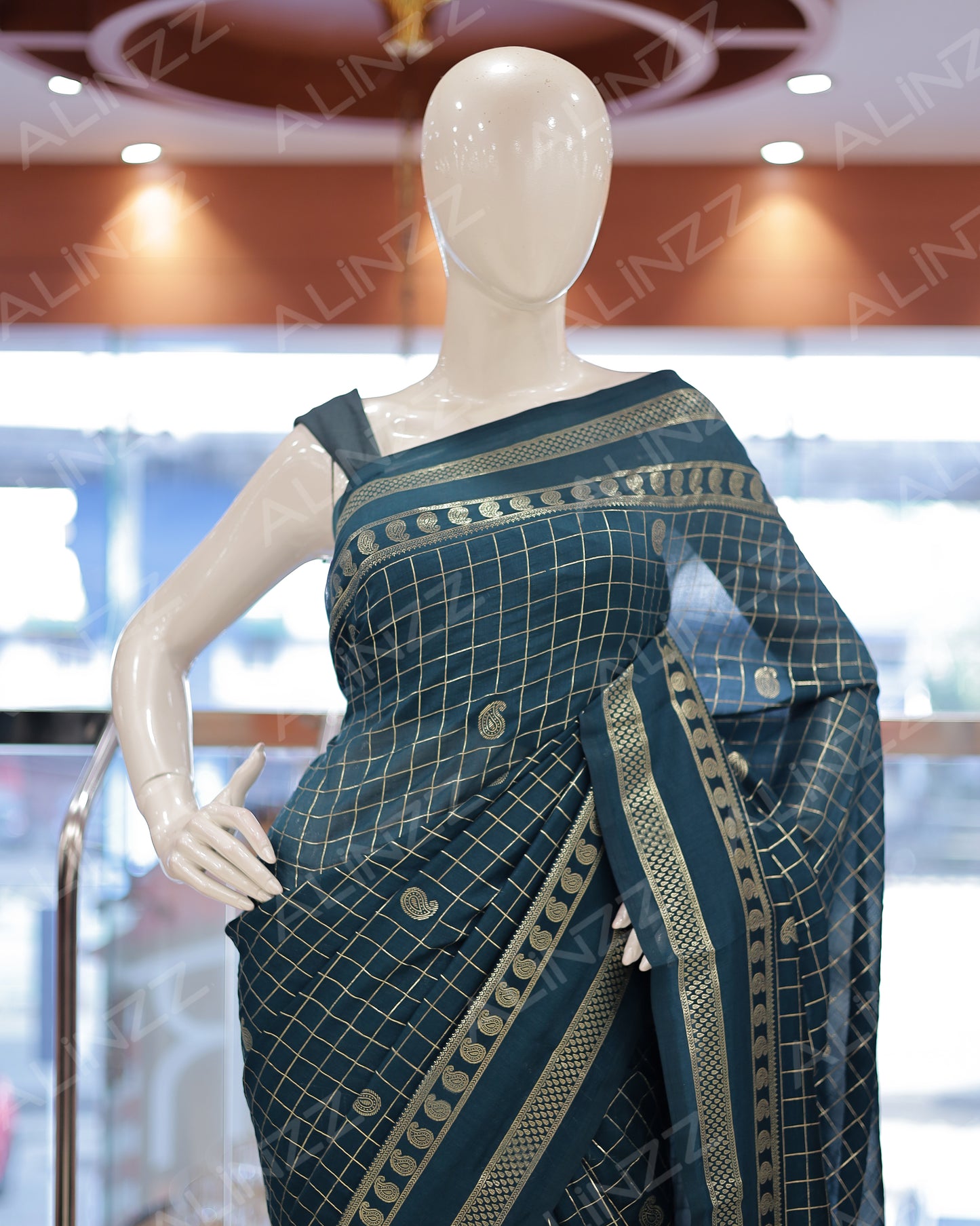 Women's Vichitra Silk Checked Saree with Foil Print Border R587