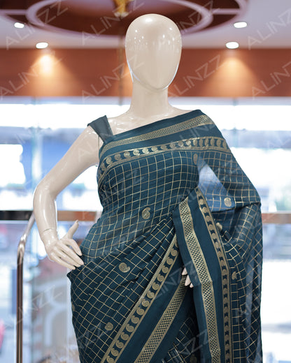 Women's Vichitra Silk Checked Saree with Foil Print Border R587