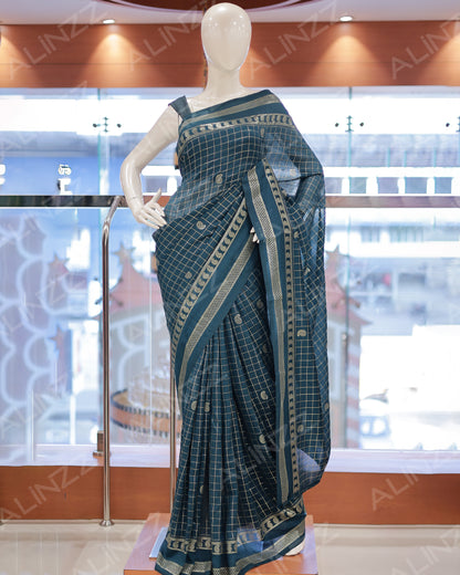 Women's Vichitra Silk Checked Saree with Foil Print Border R587