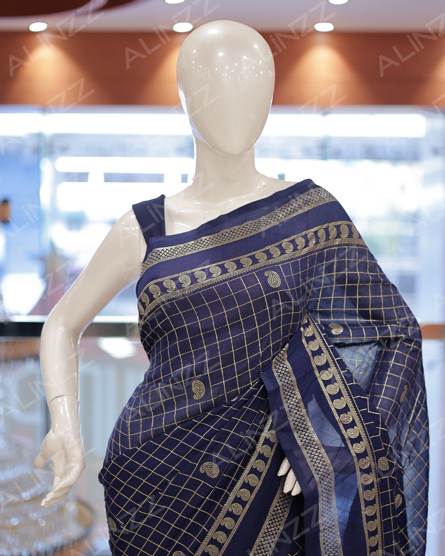 Women's Vichitra Silk Checked Saree with Foil Print Border R587