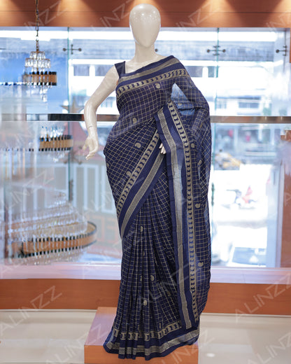 Women's Vichitra Silk Checked Saree with Foil Print Border R587