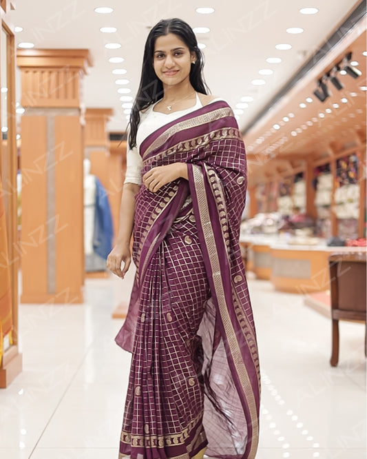 Women's Vichitra Silk Checked Saree with Foil Print Border R587