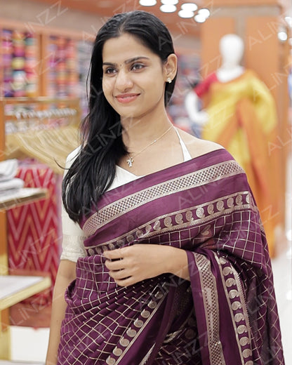 Women's Vichitra Silk Checked Saree with Foil Print Border R587