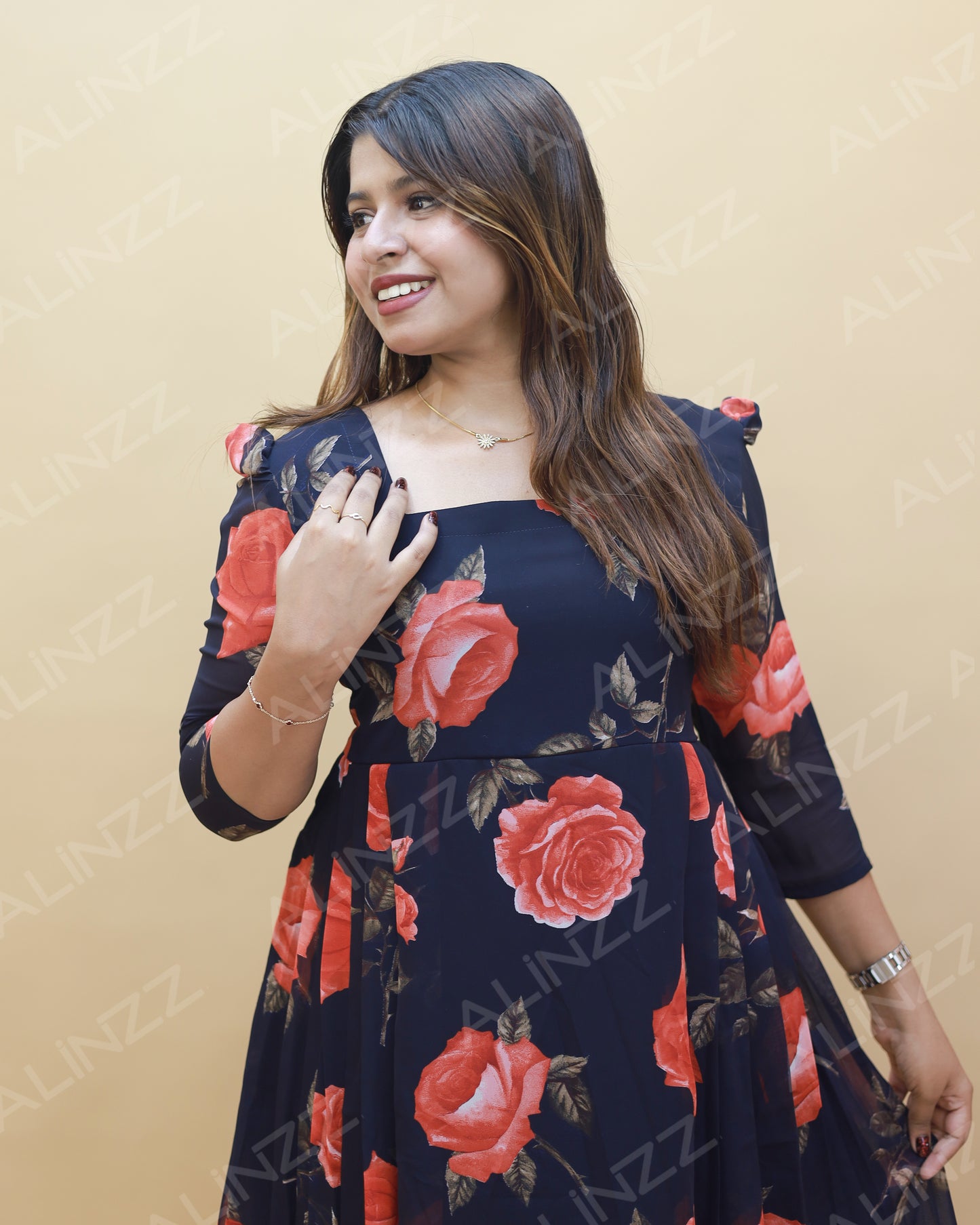 Georgette Floral Design Frock with side Pleat – R585