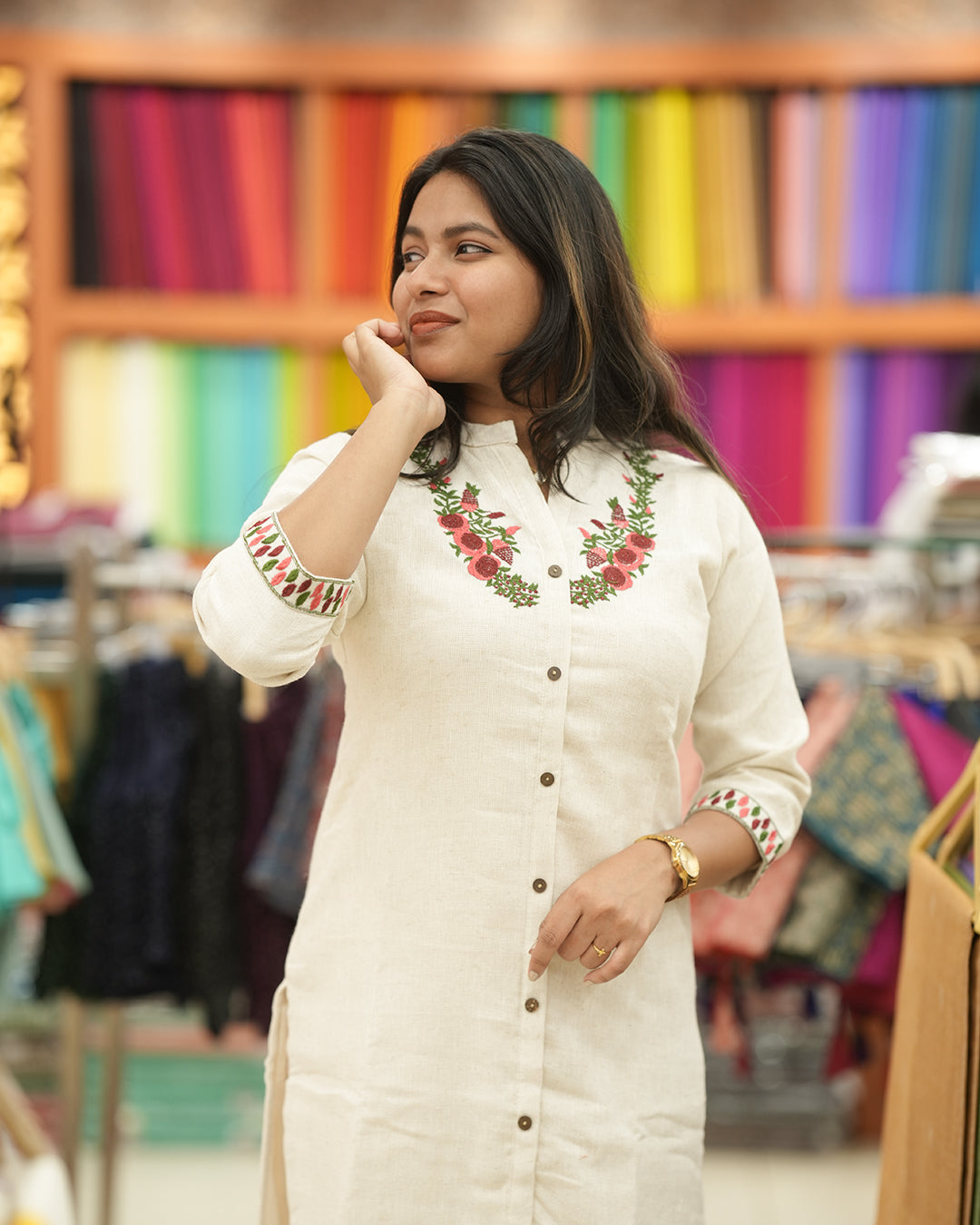 Women’s Cream Semi Jute Kurti with Floral Embroidery -A303