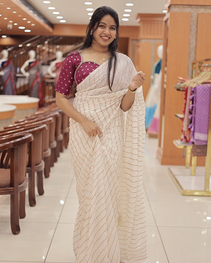 Womens  Cream Saree with contrast blouse-G358