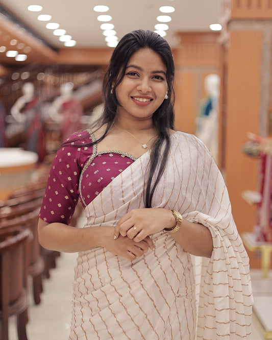 Womens  Cream Saree with contrast blouse-G358
