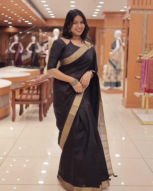 Elegant Black Semi Linen Saree with Golden Zari Border  -G365