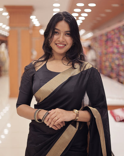 Elegant Black Semi Linen Saree with Golden Zari Border  -G365