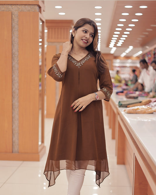 Women's Georgette A-Line Kurti with Handwork Embroidery & High-Low Hem-G374